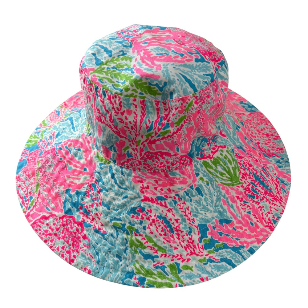 Lilly Pulitzer Pink Blue Coral Print Cotton Wide Brim Bucket Sun Hat 53651 Beach
